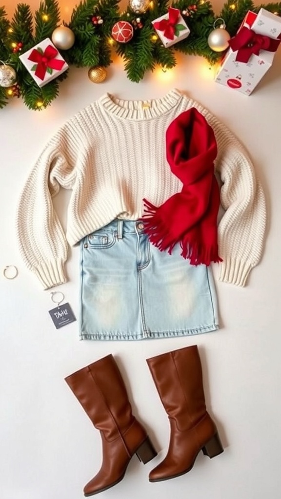 Flat lay of Christmas outfits with a jean skirt, featuring cozy sweater, boots, and festive accessories.